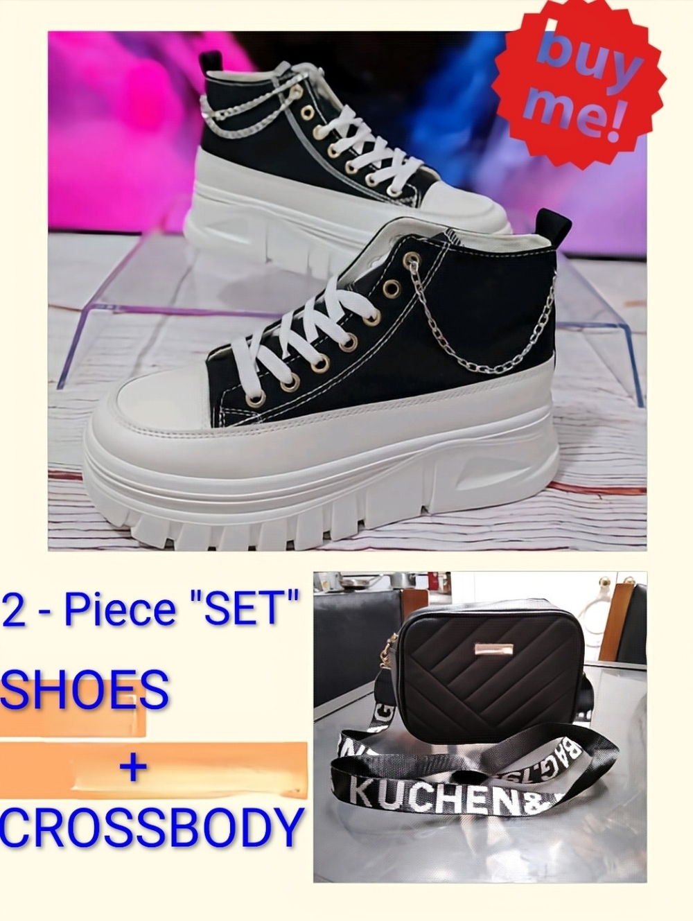 COMBO 2- PIECE SET  Platform Sneakers Black/White + Black Crossbody